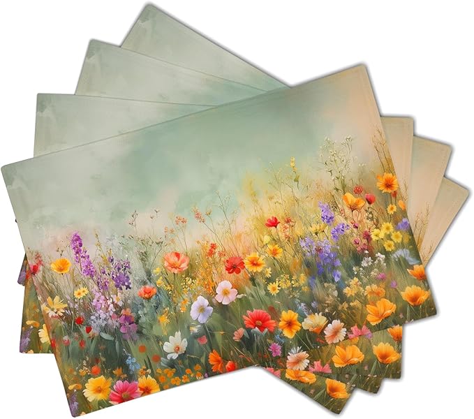 Floral Placemats Set of 4 Spring Summer Wild Flower Washable Non-Slip Heat Resistant Place Mats 12x18 Inch Vintage Rustic Linen Table Mats for Kitchen Dining Party Decor