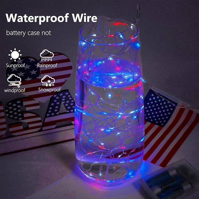 4th of July Decorations, 4-Pack Red White and Blue Fairy Lights Battery Operated with Timer, Waterproof 16FT 50 LED Starry String Lights Indoor Outdoor for Independence Day Memorial Day DIY Home Decor