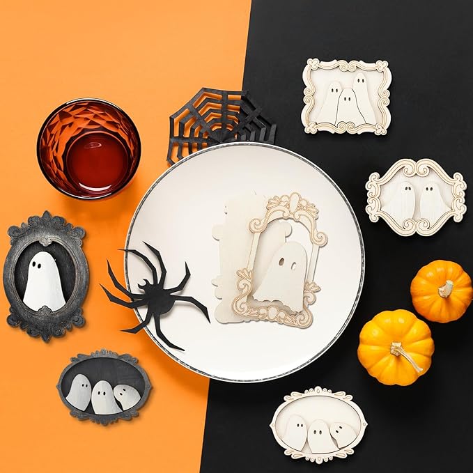12 Set Wood Ghost DIY Frames Decorating Craft with Paint and Brush Unfinished Wooden Gift Ornaments Cute Ghost for Halloween Craft Art Party Supplies, Not Include Glue (Cute Style)