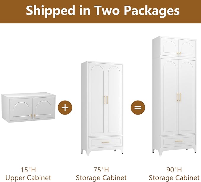 Kitchen Cabinet, 90" Tall Metal Pantry Cabinet, Freestanding Cupboards with One Drawer, Food Storage Cabinets for Dining, Living Room, White, 16" D x 32" W x 90" H, Assembly Required