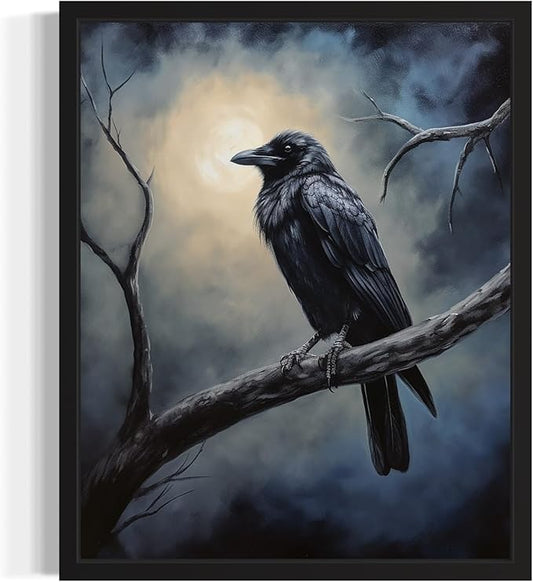 Crow under the Moonlight Poster Art Print, Halloween Scary Vintage Wall Art Academia Spooky Painting Decoration for Horror Prints, Gothic Posters Bedroom Decor 89 (Crow under the Moonlight, 16 x 20 inches, Unframed)