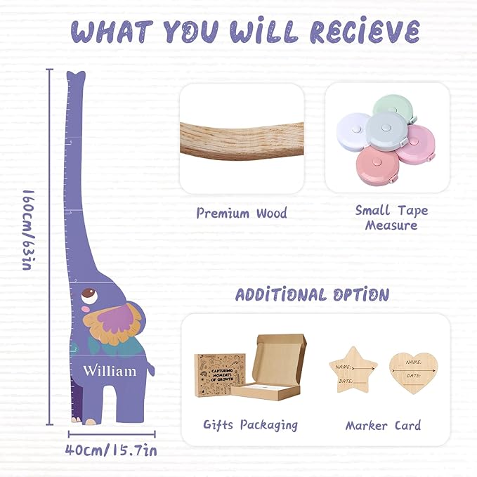 Personalized Name Growth Chart for Kids, Elephant Patchwork Wooden Height Chart for Wall Decor, Custom Height Ruler, Baby Boy Girl Measurement Ruler for Bedroom Playroom, Easy to Mark