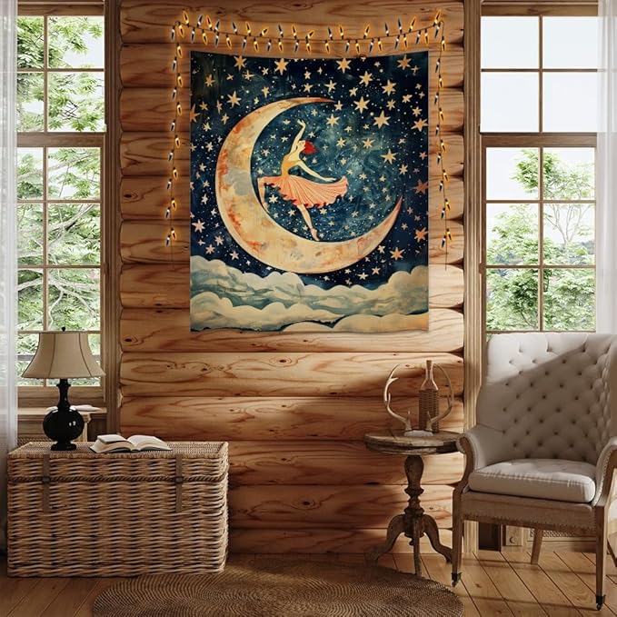 Dancer on the Moon Tapestry Starry Night Sky Art Print Dark Academia Gothic Aesthetic Wall Hanging Stars Moon Clouds Tapestries Whimsical Wall Decor for Nursery Bedroom 30x40inch