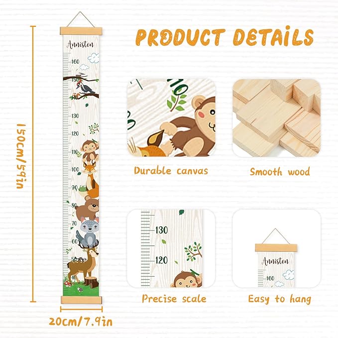 Personalized Name Growth Chart Wall Decor for Kids – Canvas Removable Height Chart Measuring Ruler 59" x 7.9" (Zoo)