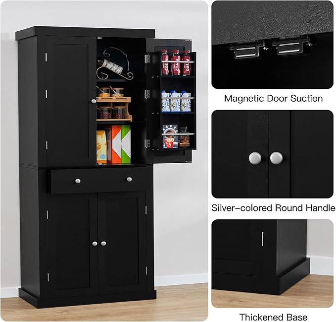 usikey 72” Kitchen Pantry Cabinet, Tall Storage Cabinet with 4 Doors and 1 Drawer, Freestanding Cupboard with 6 Hanging Shelves and Adjustable Shelves for Kitchen, Dining Room,Living Room, Black