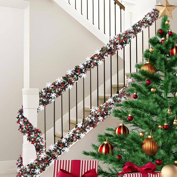 50 Feet Green Red Christmas Metallic Tinsel Twist Hanging Garland with Snowflake for Home Mantle Xmas Tree Staircase Railing New Year Holiday Party Indoor Outdoor Decorations(2 Pcs)