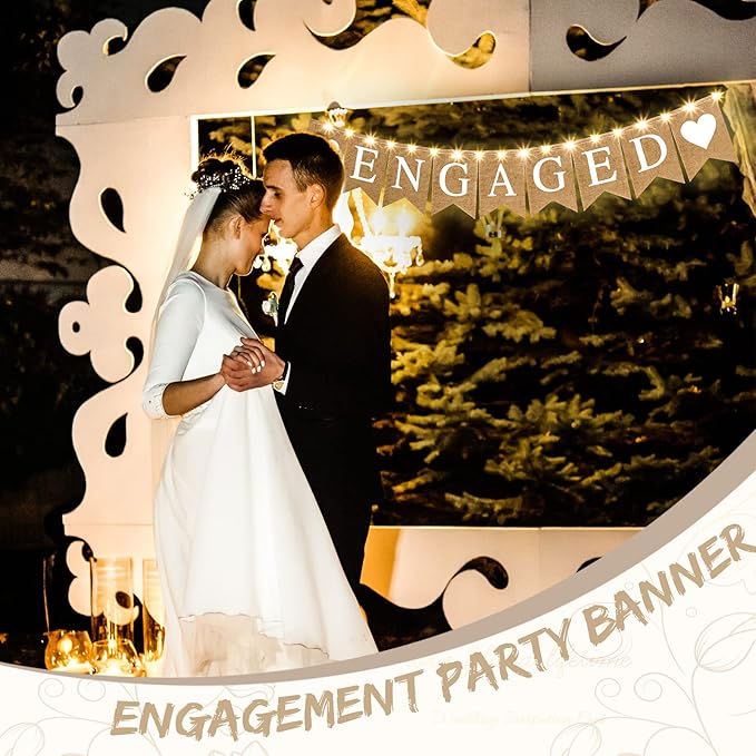 Moukeren Engagement Party Decorations Engaged Banner Heart Burlap Rustic Bunting Garland LED Fairy Lights Battery Operated String Lights for Outdoor Tree Decorations Wedding