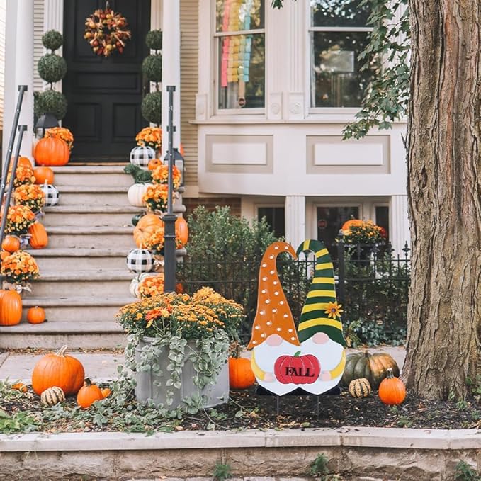 YEAHOME Outdoor Fall Decor, 2 Gnomes Decorative Garden Stake with Pumpkin for Fall Decorations, Autumn Metal Yard Signs for Home Outside Garden Porch Lawn, Thanksgiving Decorations Outdoor (YHMD-478)