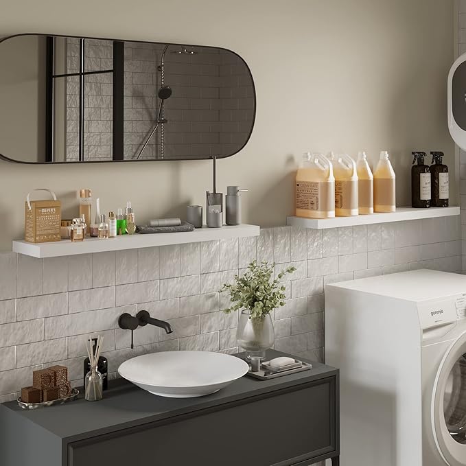 BAMEOS Floating Shelves,31 in W White Wall Mounted Wooden Shelves with Invisible Brackets Set of 2, Hanging Wall Shelves Decoration for Bedroom, Bathroom, Living Room and Kitchen