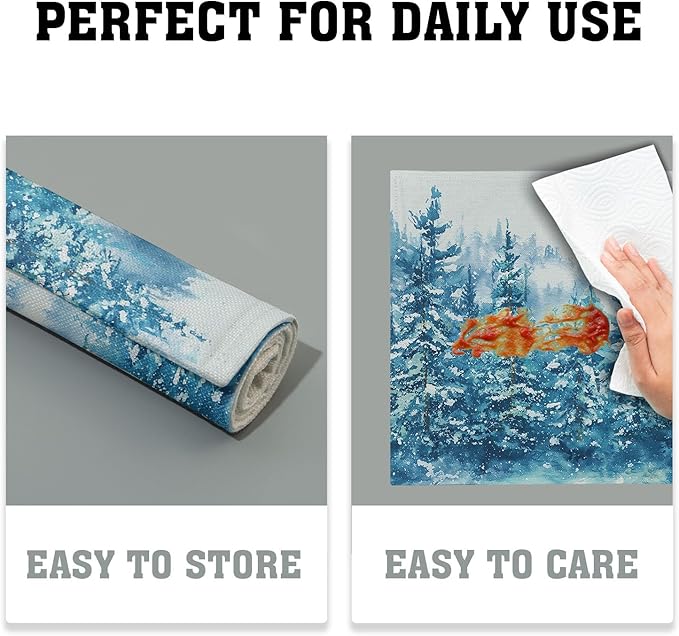 Blue Christmas Placemats Set of 4 Teal Winter Watercolor Tree Snow Theme Place Mats 12x18 Inch Xmas Holiday Washable Table Mats for Home Party Kitchen Dining