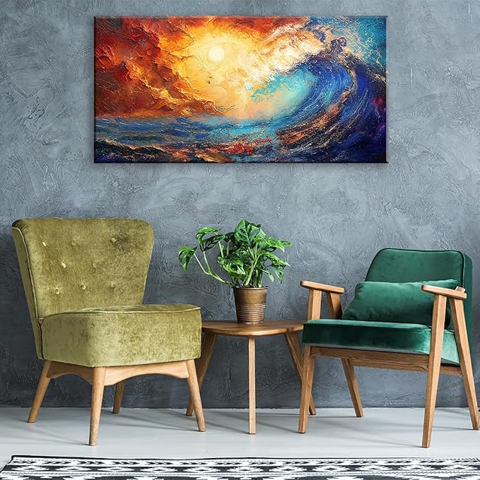 LASMOND Abstract Ocean Wall Art for Living Room Beautiful Blue Sea Wave Seawater Colorful Sky Landscape Wall Art Decor Artwork Bedroom Office (40 x 20 Inches)