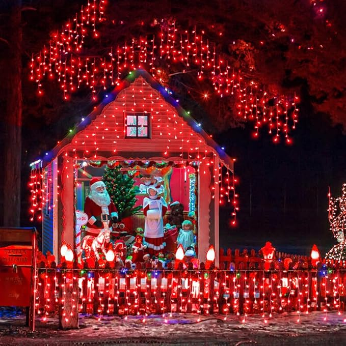 Icicle Lights for Outside, 33FT 400 LED Christmas Lights with 8 Modes 75 Drops, Waterproof Plug in Curtain String Light for Outdoor Indoor House Patio Fence Wedding Decorations, Red