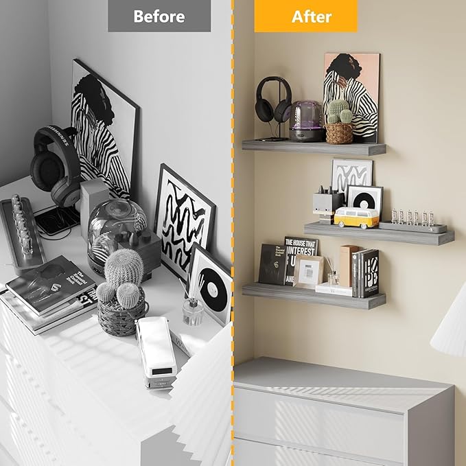 BAMEOS Floating Shelf,Wall Shelf,Decor Wall Mounted Shelves,Hanging Shelf Set of 3,L24xW6 for Bathroom Kitchen Living,Kitchen,Room Bedroom Storage,Walnut