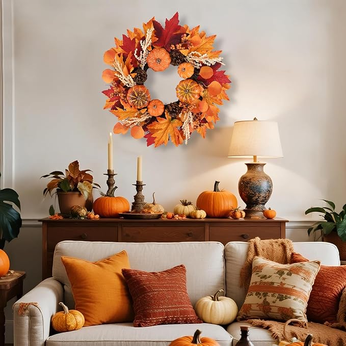 20 Inch Thanksgiving Fall Wreath, Berries Pumpkins Maple Leaves Pine Cones Autumn Wreaths with Hook for Front Door, Fall Decor, Porch Wall Home Outdoor Holiday Decorations Wreath for Autumn
