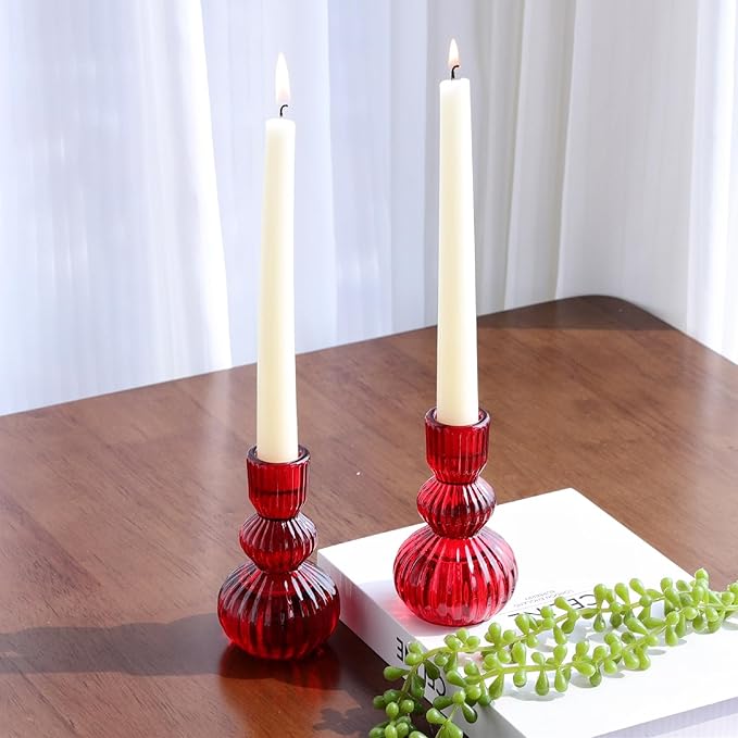 Woho Red Candlestick Holders Set of 3 for Christmas Decorations, 4.3" H Vintage Ribbed Taper Candle Holders for Dining Table, Glass Candle Sticks Holder Decor for Valentines Day/Patriotic Holidays