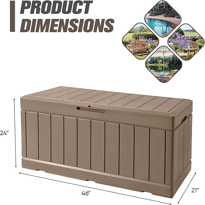 JUMMICO 83 Gallon Outdoor Deck Box Large Resin Storage Box for Patio Furniture Cushions and Garden Tools (Khaki)