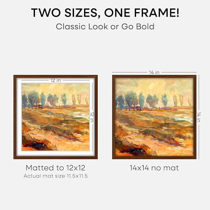 Homeforia 14x14 Picture Frame Brown, High End Dark Oak 14 x 14 Square Wood Frame with Mat 12 x 12 for Photo, 14by14 Wooden Walnut Poster Frame Matted to 12x12 Print, Tempered Glass, Wall Kit, Set of 1