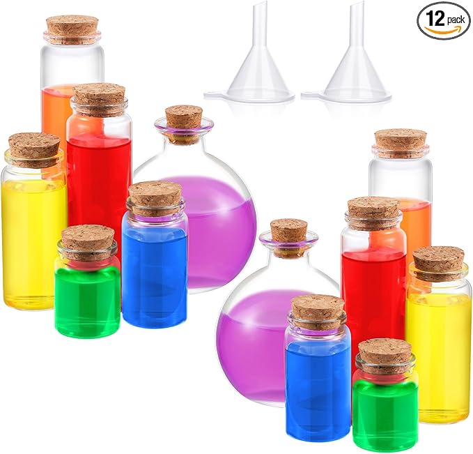 12 Pcs Halloween Glass Potion Bottle with Corks 6 Size Assorted Mini Glass Bottle Clear Message Jars with 2 Funnels for Halloween Decoration Party Favor Costume Prop DIY Crafts Witchcraft Supplies