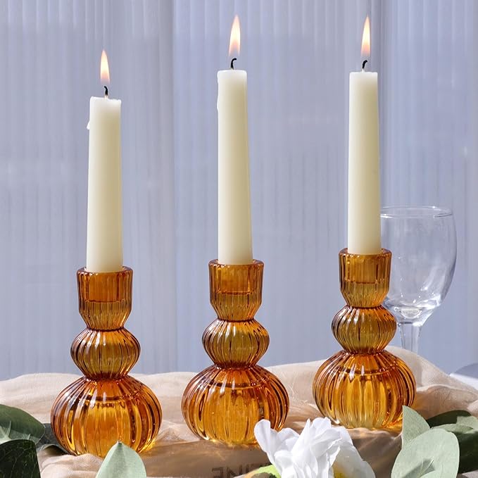 Woho Amber Taper Candle Holders 4.3" H for Halloween/Thanksgiving Decorations, Set of 3 Ribbed Glass Candlestick Holders Vintage for Fall Wedding, Boho Candle Sticks Holder Decor for Dining Table