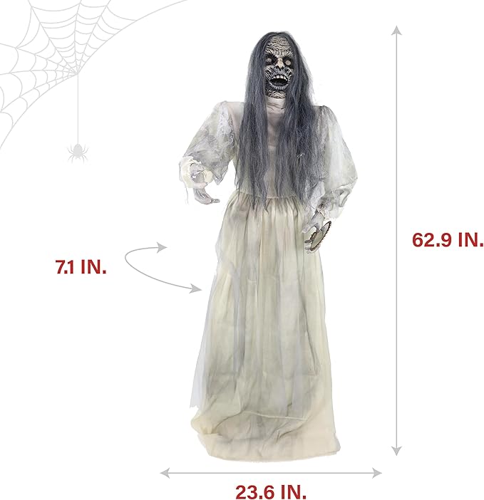 Haunted Hill Farm Lifesize Scary Haunted Woman Halloween Prop with Touch Activated Lights and Sound, Battery-Operated Indoor or Covered Outdoor Halloween Decoration