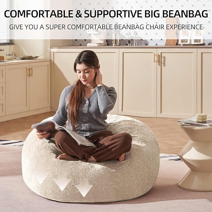 Bean Bag Chair 3Ft, Memory Foam Filled, Large Beanbag Chairs for Adults and Teens, Soft Sofa with Removable Flannel Cover, Round Couch for Living Room Bedroom College Dorm (Apricot, 3FT-36×36"×24")