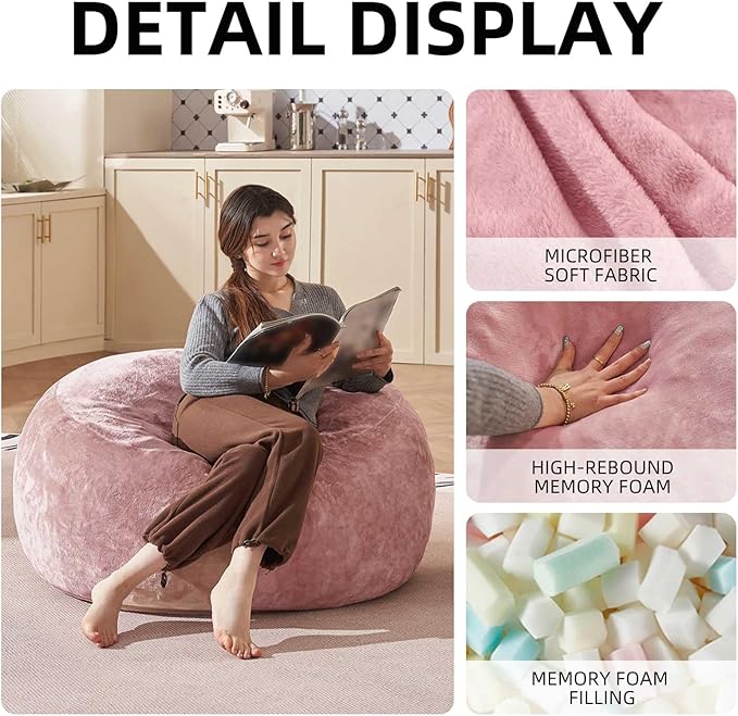 Bean Bag Chair 3Ft, Memory Foam Filled, Large Beanbag Chairs for Adults and Teens, Soft Sofa with Removable Flannel Cover, Round Couch for Living Room Bedroom College Dorm (Pink, 3FT-36×36"×24")