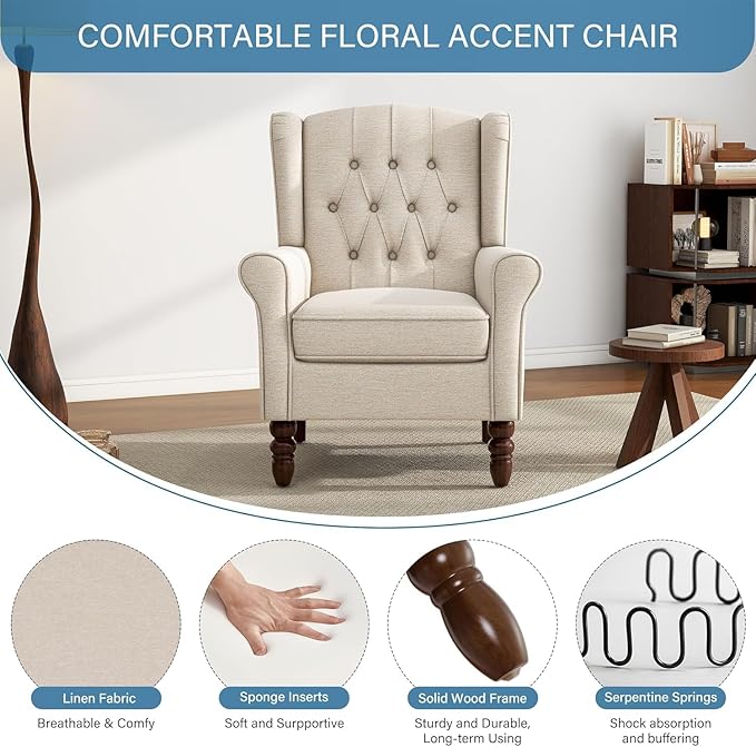 UIXE High Back Accent Chairs Set of 2, Upholstered Armchair in Fabric for Living Room, Retro Wingback Arm Chair Comfy Single Sofa Bedroom Reading Seat with Solid Wood Legs - Beige