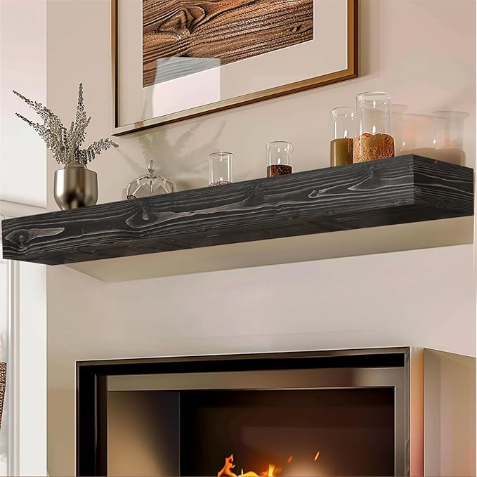 72x8x5 Fireplace Mantel - Handcrafted Hollow Rustic Solid Wood Wall Mounted Floating Shelf with Invisible Heavy Duty Wood Bracket (Weathered Black)