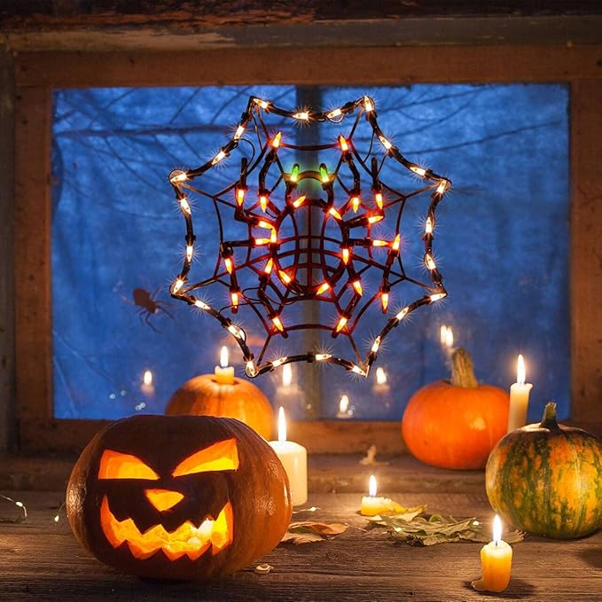 12.8" Lighted Cobweb Halloween Window Silhouette Decoration,Halloween Lighted Window Decoration,Hanging Light Up Holiday Ornament( Cobweb Light)