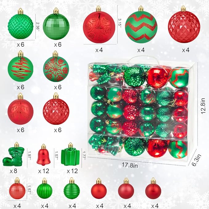 116Pcs Green and Red Christmas Ball Ornaments, Shatterproof Christmas Hanging Decoration Set with Gift Box, Assorted Decorative Baubles Set for Xmas Tree/Home/Wedding/Party/Holiday (Red & Green)
