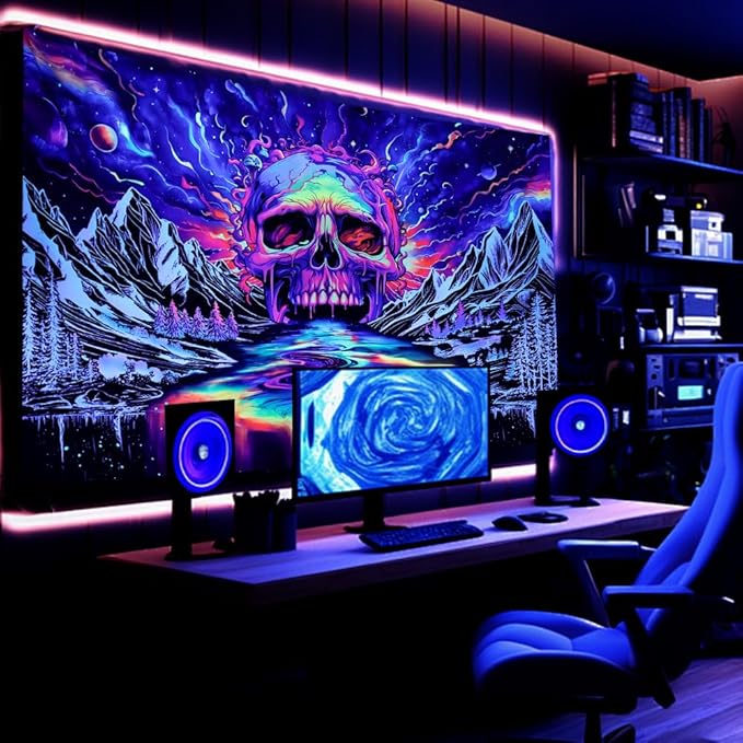 Blacklight Skull Tapestr UV Reactive Galaxy Mountain Planet Tapestries Magic Neon River Wall Hanging Aesthetic Skeleton Wall Decor Forest Trees Landscape Backdrop for Living Room