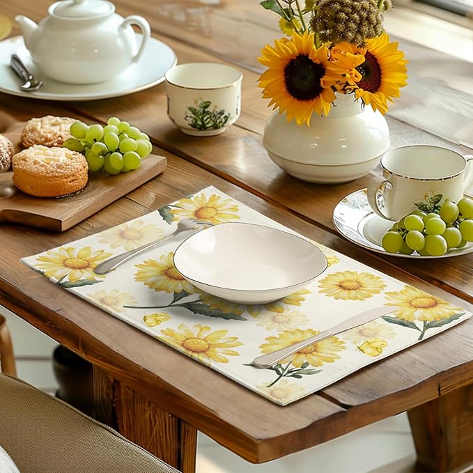 Sunflower Placemats Set of 4 Summer Yellow Floral Table Mat 12x18 Inch Farmhouse Daisy Flower Linen Fabric Place Mats for Party Kitchen Dining Outdoor Indoor Decor