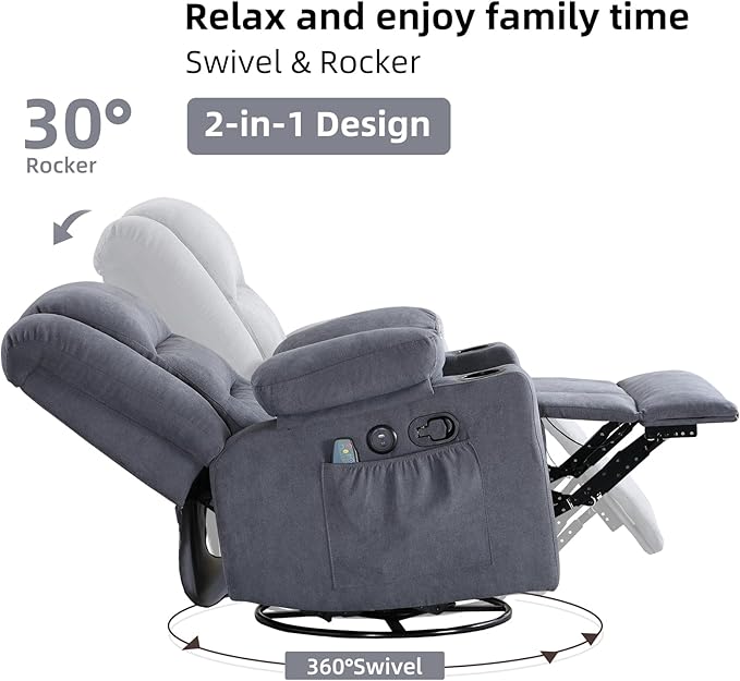 Rocker Recliner Chair with Heat and Massage, 360° Swivel Recliner Chairs for Adults, Heavy Duty Reclining Sofa Chair with USB Port Cup Holders Side Pockets for Living Room (Grey)