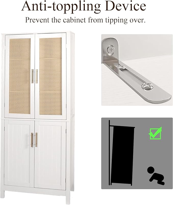 MISHAO 71" Kitchen Pantry Storage Cabinet, Tall Storage Cabinet with Rattan Doors & Adjustable Shelves, Freestanding Cupboard Wood Pantry for Kitchen, Living Room, Dining Room Hallway, White