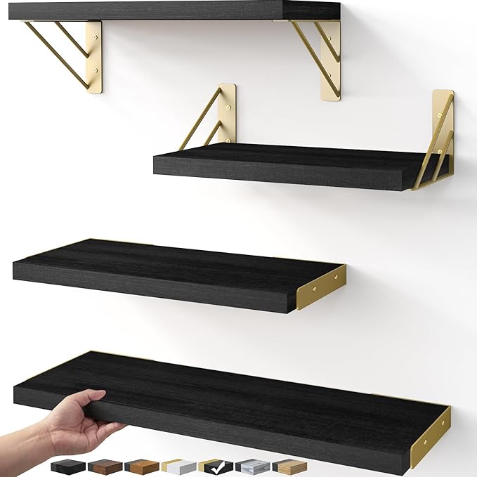 BAYKA Floating Shelves for Bedroom Decor, Wall Shelves for Storage, Wall Mounted Rustic Wood Floating Shelf for Books,Corner Shelf for Bathroom,Kitchen,Living Room(Black and Gold,Set of 4)
