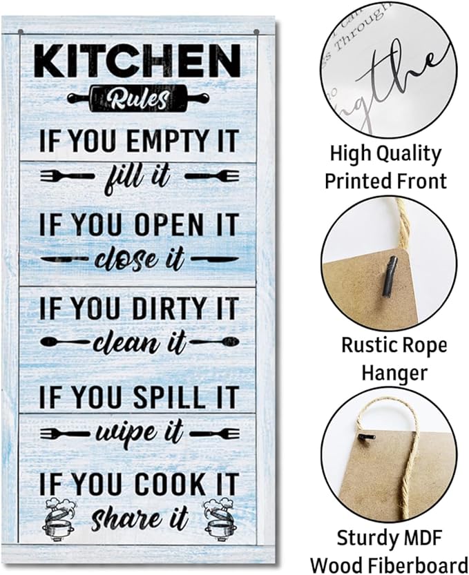 Hanging Kitchen Rules Wood Decor Sign, Rustic Kitchen Wooden Signs, Printed Wood Wall Art Sign, Kitchen Door Rules Rustic Sign, Hanging Wood Sign Kitchen Decor, Funny Farmhouse Kitchen Wall Décor D1