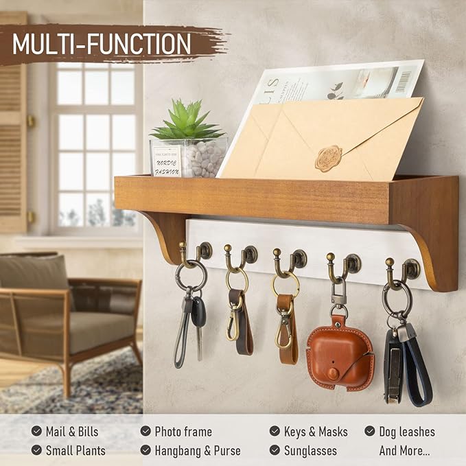 Rebee Vision Key and Mail Holder for Wall with Shelf - Farmhouse House Decor with 5 Rustic Keys Hooks and Decorative Mail Organizer Wall Mount - Decorative Apartment Essentials (Light Brown & White)