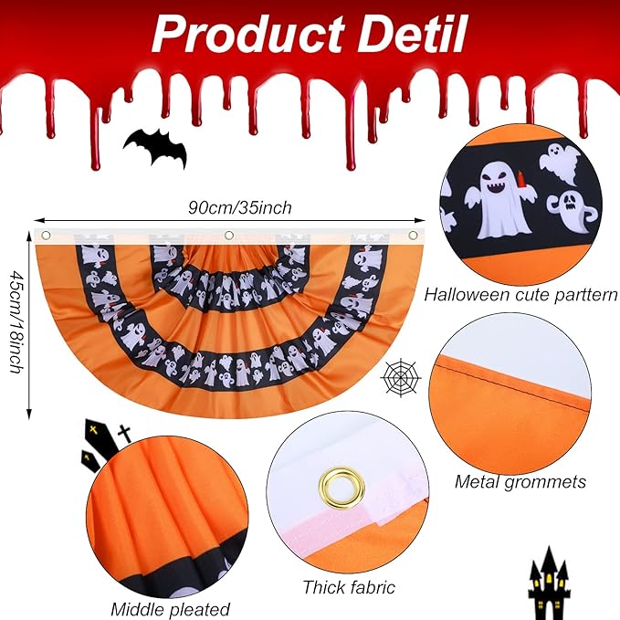 4 Pcs Halloween Bunting Flags for Outside 3 x 1.5 ft Pleated Half Fan Flag Hanging Banner Outdoor with 3 Grommet for Halloween Porch Garden Yard Holiday Indoor Home Decorations, Black Orange
