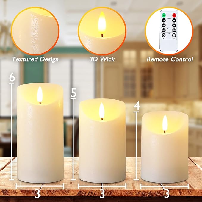 Homemory Flickering Flameless Candles, Realistic LED Candles with Remote and Timer, Textured Wax with Water Ripple, Battery Operated Wax Candles, Set of 3, Ivory