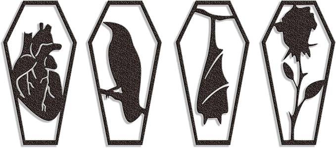 YATEASLU Gothic Coffin Wall Decor Set of 4 Metal Heart, Crow, Bat, Rose Sculptures for Gothic Home Decor, Bathroom, Kitchen, Office - Spooky Halloween Wall Decor with Screws