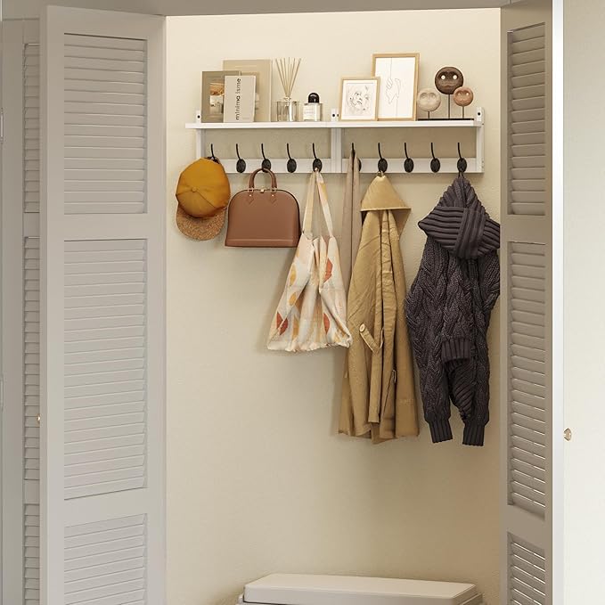 AMBIRD 34.2" L Wooden Wall Coat Hooks with Shelf - Versatile and Decorative Wall-Mounted Storage - 10 Hooks for Hanging Coats, Hats, Keys, Bags, Scarves - Ideal for Entryways, Bedrooms, Closets(White)