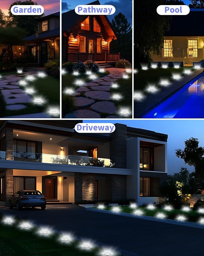 Solar Ground Lights Outdoor 26 Pack Waterproof, Upgraded Solar Garden Lights with 4 Side Light, Stainless Steel Solar Powered Disc Landscape Light for Walkway Pathway Lawn Yard Patio Deck-Cool White