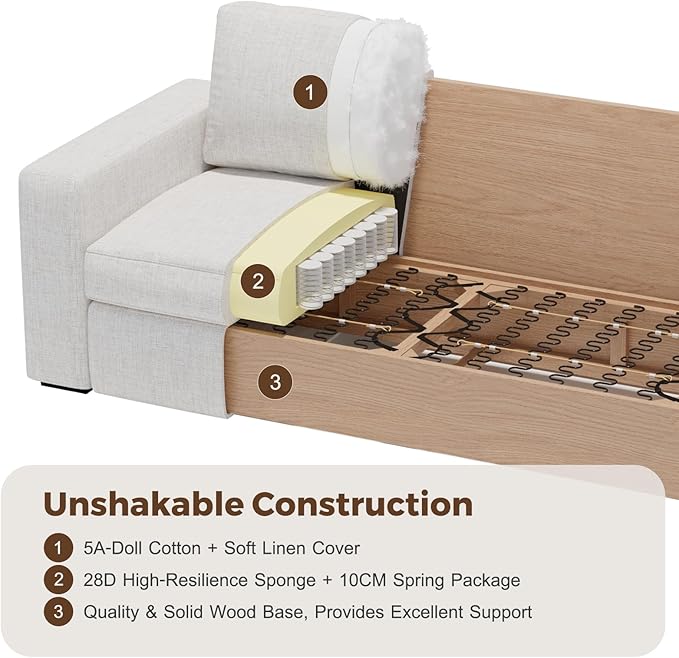 112" L Shaped Sectional Sofa with Detachable Sofa Cover, Reversible Sectional Modular Couch for Living Room, Linen Fabric Corner Couch with 7 Seats, Ivory