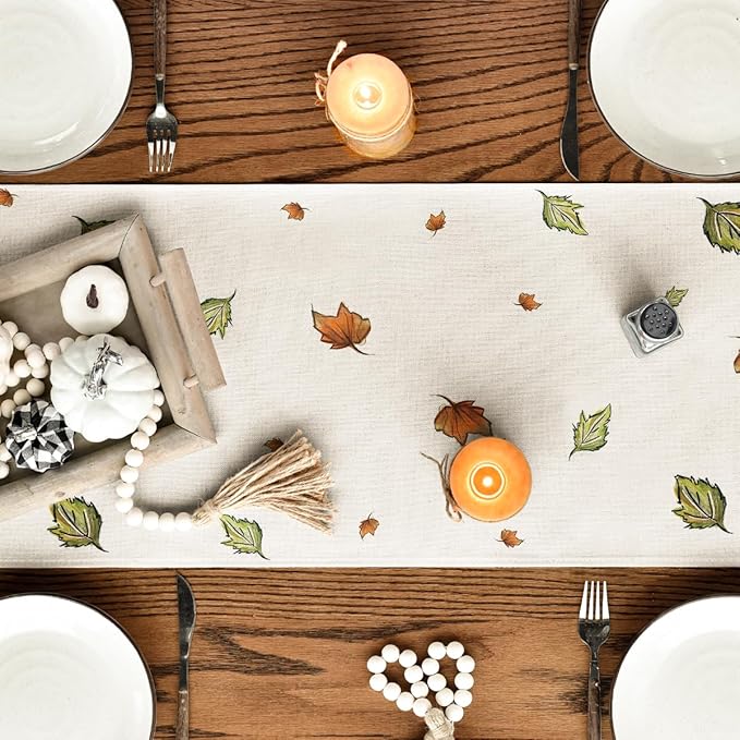 Artoid Mode Pumpkins Bowknot Maple Leaf 210 GSM Fall Table Runner, Seasonal Autumn Kitchen Dining Table Decoration for Home Party Decor 13x48 Inch