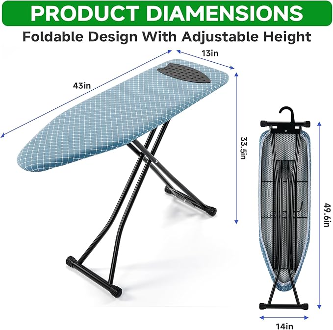 Compact Ironing Board 13 x 43, Iron Board with Heat Resistant Surface, Adjustable Height, Space Saving Table with Hook & Iron Rest for Home & Laundry Room, Diagonal Checkered Blue