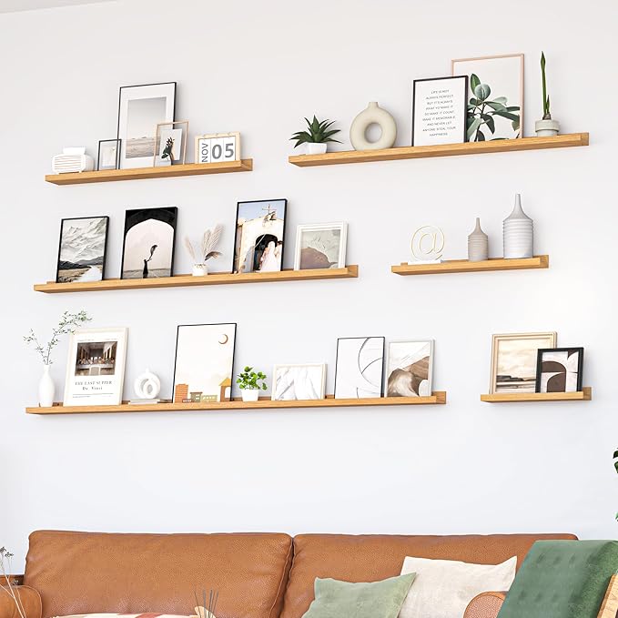 Heimlove Picture Ledge Shelf, Floating Shelves Set of 2, 72 Inches Long Large Picture Shelf for Wall with Ledge, Kids Bookshelf Wall Mounted for Living Room Bedroom Decor Books Photo Frames, Oak