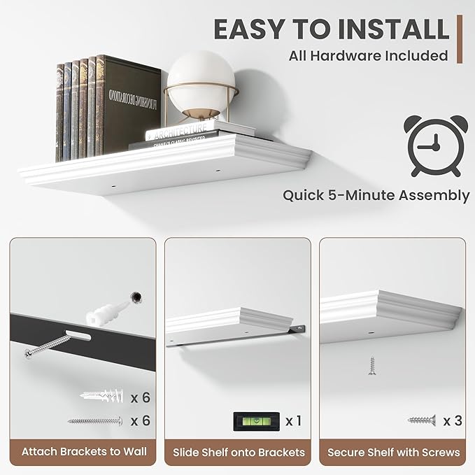 Floating Shelves for Wall, 24 Inch Long Wall Mounted White Hanging Shelf for Kitchen, Living Room, Office, Bedroom, Bathroom, Retro Vintage Wood Bookshelf for House Decor