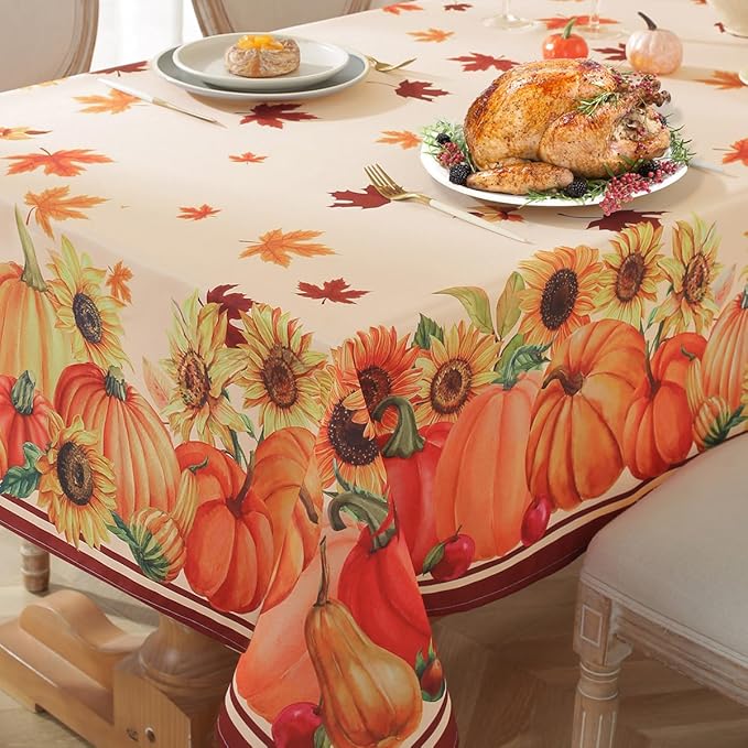 SASTYBALE Fall Tablecloths for Rectangle Tables 52 x 70 Inch Pumpkin Table Cloths with Sunflower & Maple Leaves Washable Spillproof Durable Polyester Table Cover for Thanksgiving, Harvest, Holiday