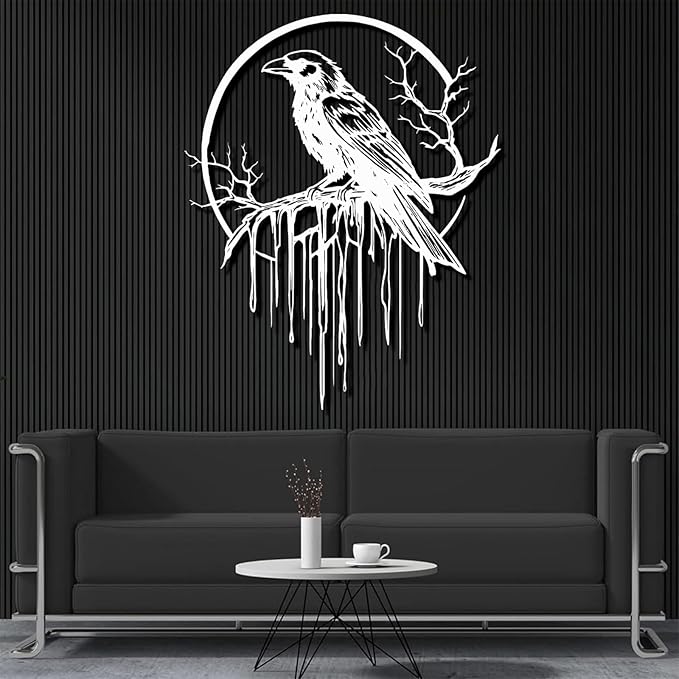 Crow Metal Wall Decor, Raven Wall Art, Large Gothic Raven Decor Hangings, Bird Wall Decor, Metal Tree Branch Decor, Ravens Sign, Raven Art for Living Room (Silver, 31"x25" | 80x64cm, metal wall art)