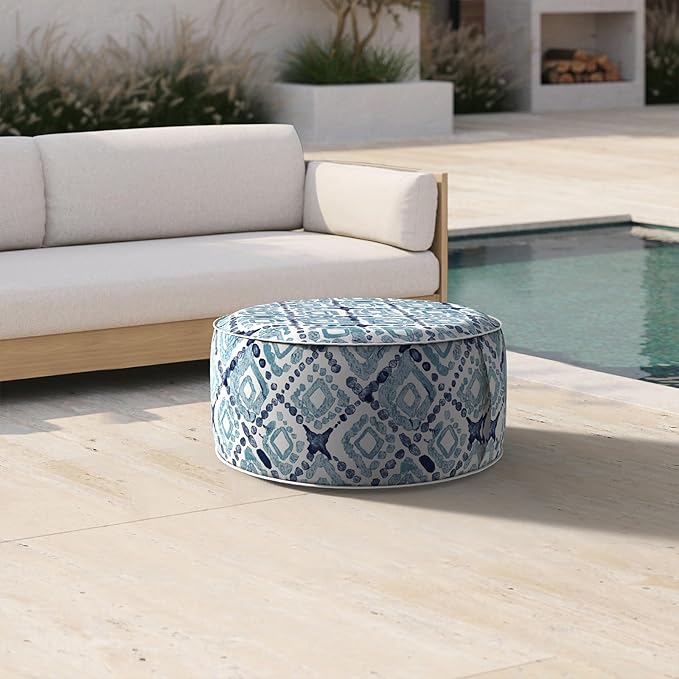 Inflatable Ottoman Stool D21 xH9 for Outdoor/Indoor Use, Water Repellent Patio Foot Rest with Portable Handle,Round Pouf Ottoman Suitable for Garden,Deck and Camping - Boho Geometry Blue